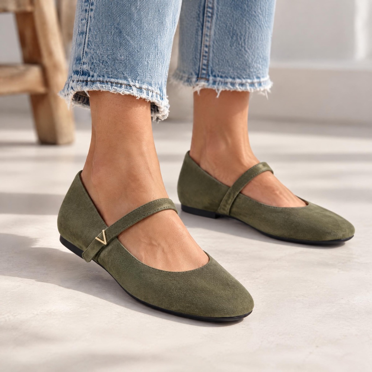 Vionic Alameda Mary Jane Flat with Arch Support in Dark Olive Suede