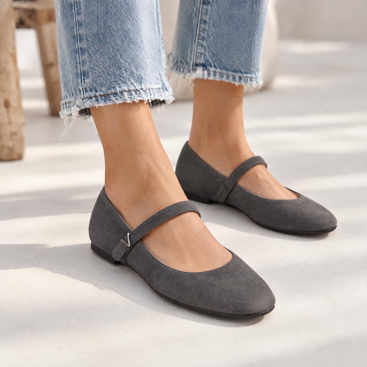 Vionic Alameda Mary Jane Flat with Arch Support in Graphite Grey Suede