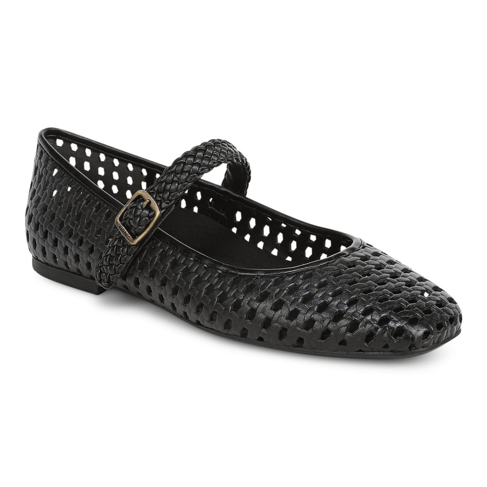 Vionic Women's Black Leather Alameda Woven Mary Jane Flat With Arch Support In