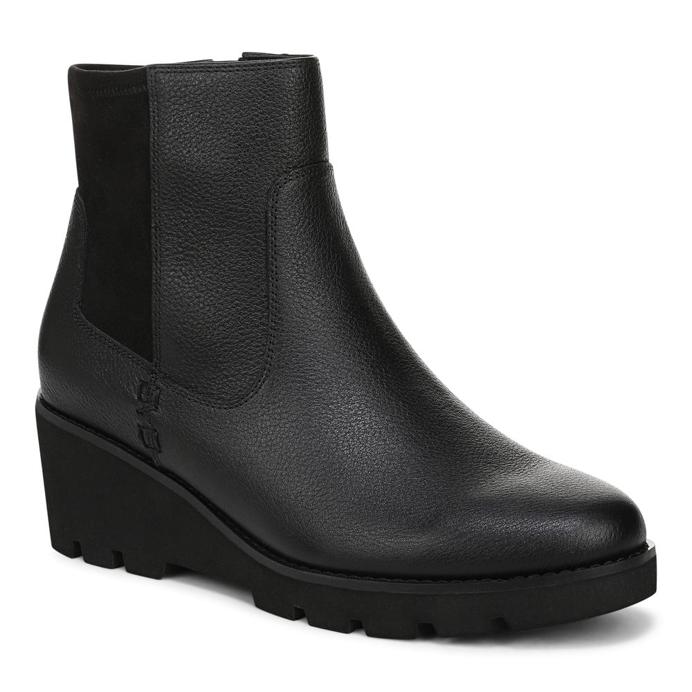 Vionic Women's Black Leather Ariana Wedge Ankle Boot With Arch Support In