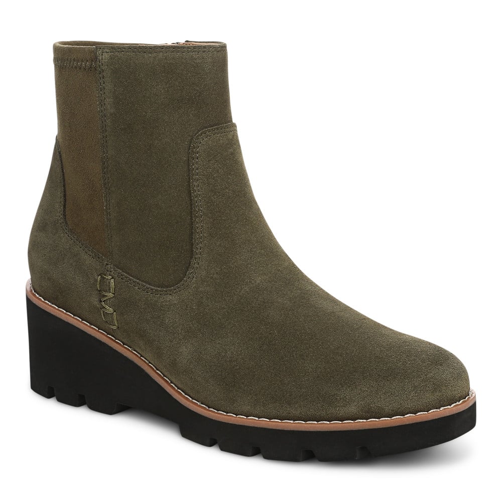 Vionic Women's Dark Olive Waxy Suede Ariana Wedge Ankle Boot With Arch Support In