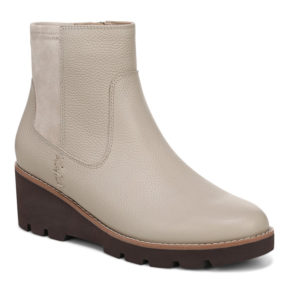 Vionic Women's Oatmeal Leather Ariana Wedge Ankle Boot With Arch Support In
