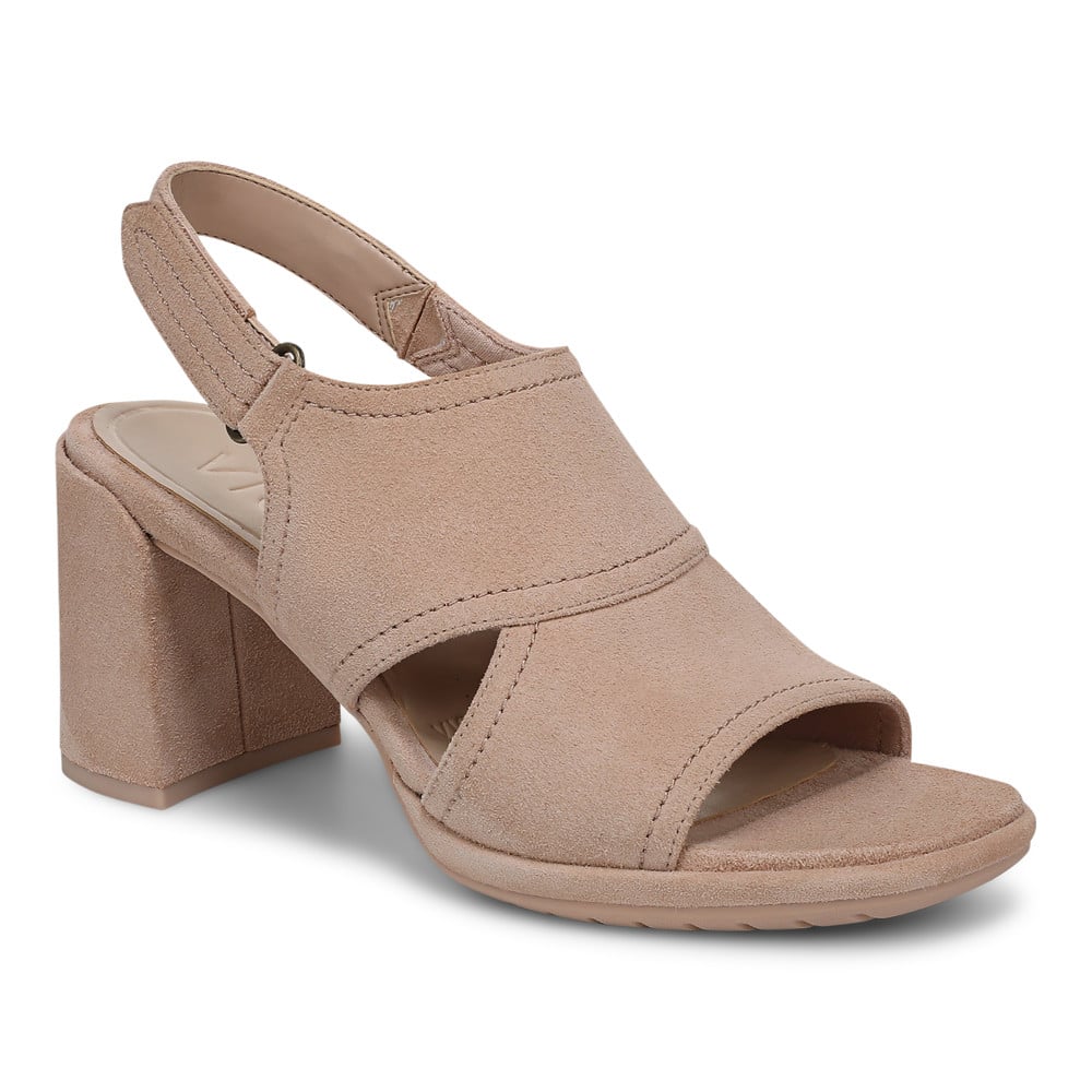 Vionic Women's Rugby Tan Waxy Suede Bolinas Heeled Sandal With Arch Support In