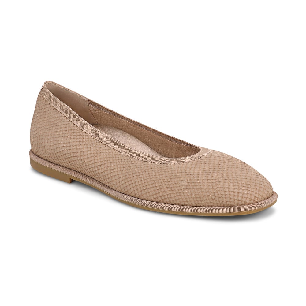 Vionic Women's Desert Sand Snake Embossed Nubuck Caroll 2.0 Ballet Flat With Arch Support In
