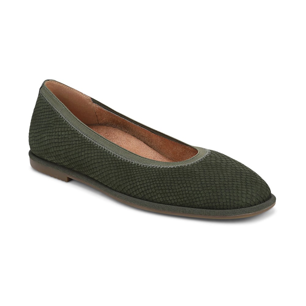 Vionic Women's Olive Moss Snake Embossed Nubuck Caroll 2.0 Ballet Flat With Arch Support In