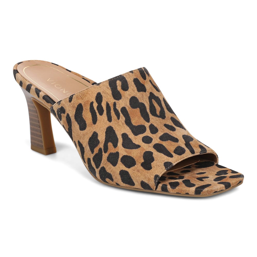 Vionic Women's Tan Leopard Haircalf Charlie Heeled Dress Sandal With Arch Support In