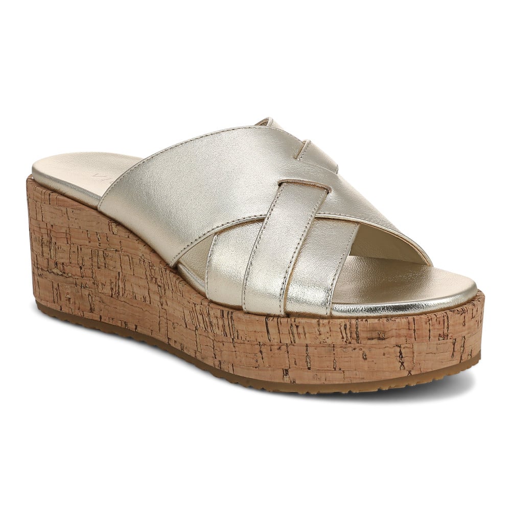 Vionic Women's Gold Leather Dawn Wedge Slide Sandal With Arch Support In