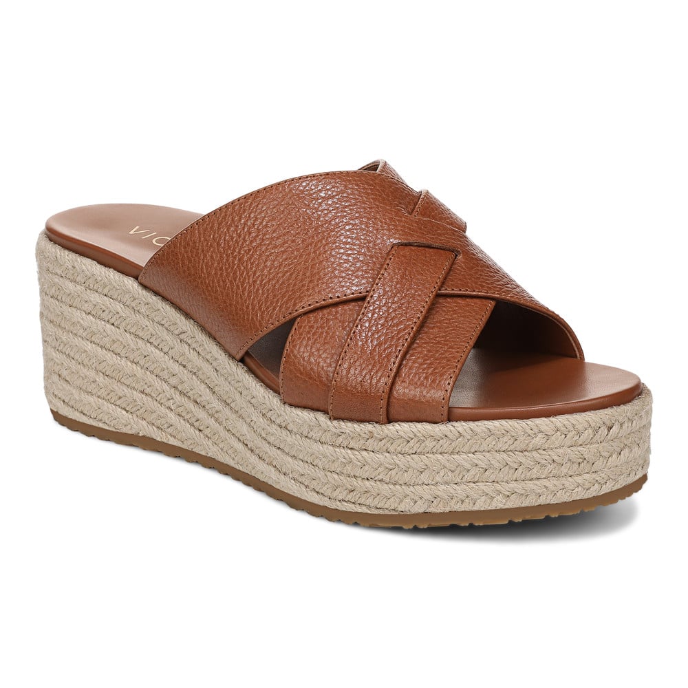 Vionic Women's Tan Leather Dawn Wedge Slide Sandal With Arch Support In