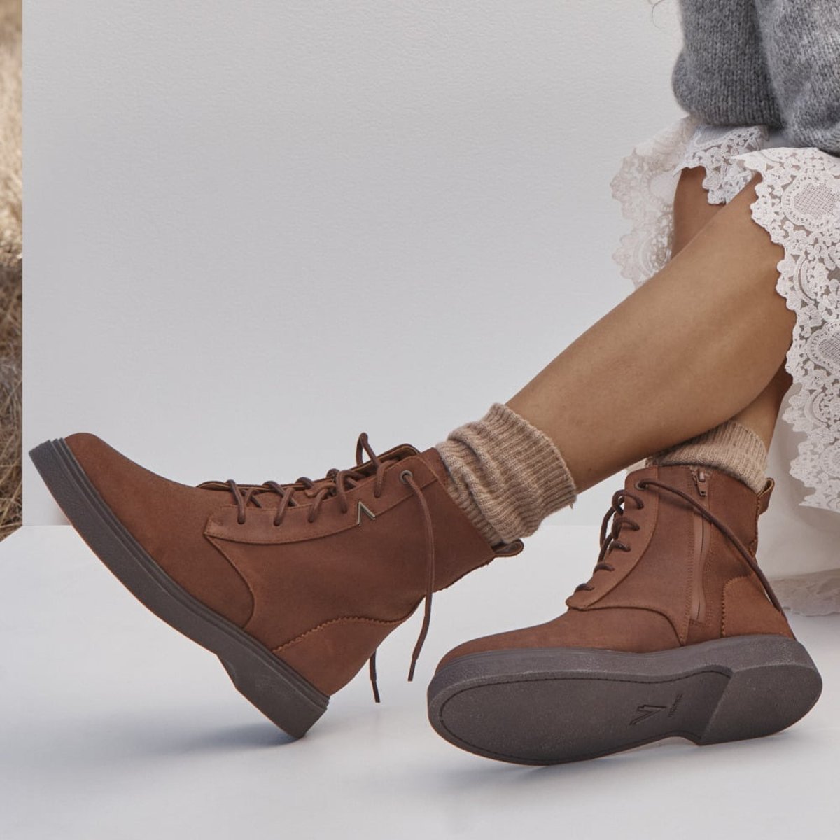Vionic Delaney Lace Up Short Boot with Arch Support in Hazelnut Brown Leather
