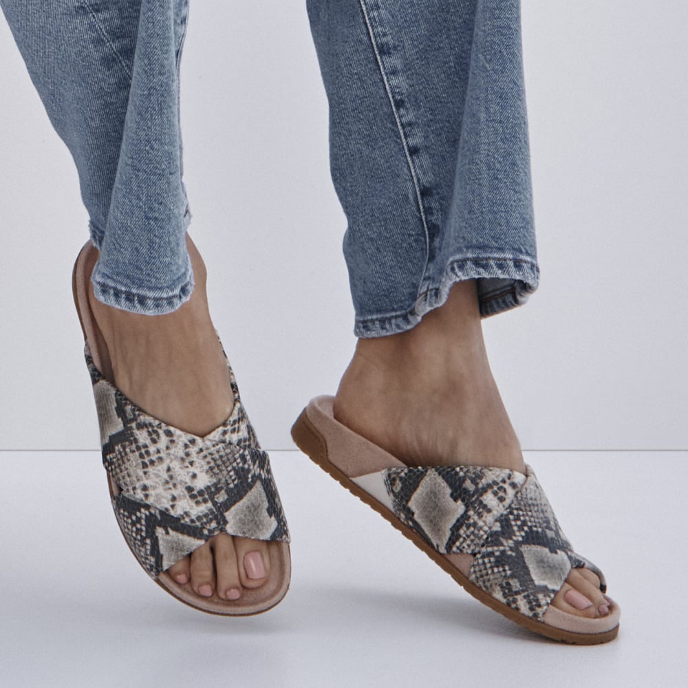 Vionic Women's Cream Snake Print Leather Etna Slide Sandal With Arch Support In