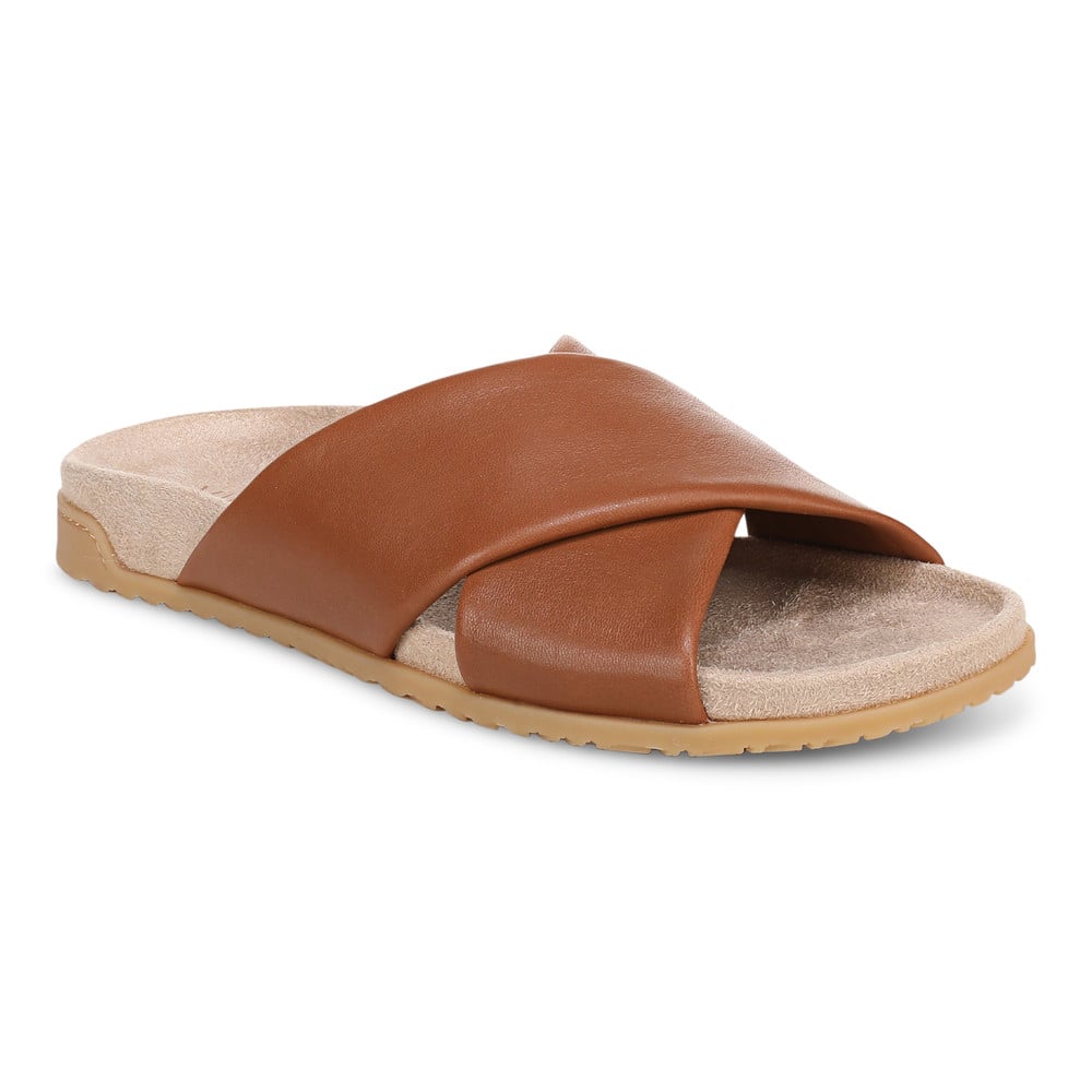 Vionic Women's Tan Leather Etna Slide Sandal With Arch Support In
