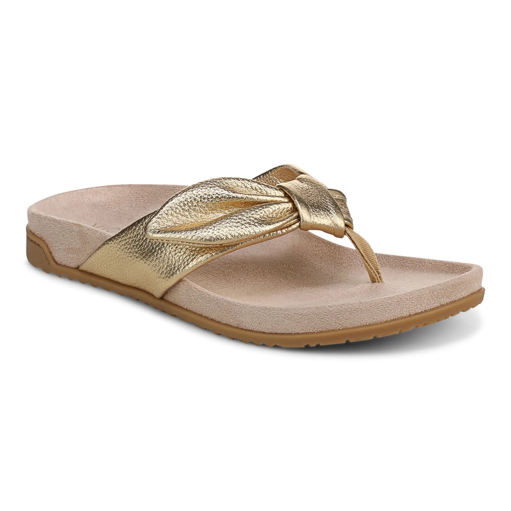 Vionic Women's Gold Leather Eva Toe Post Sandal With Arch Support In