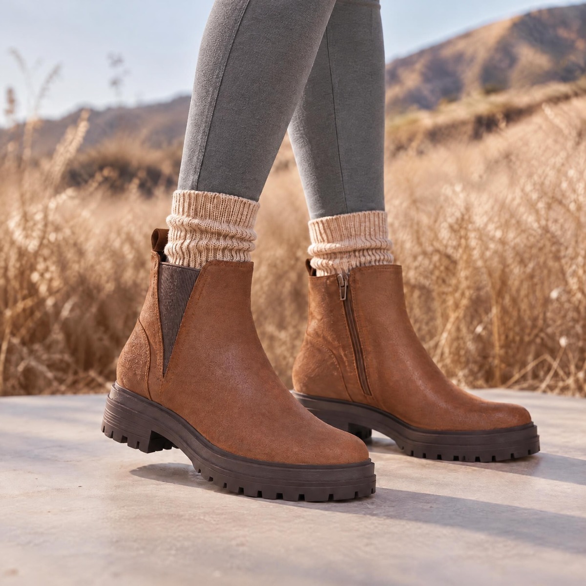 Vionic Georgina Short Boot with Arch Support in Hazelnut Brown Waxy Leather