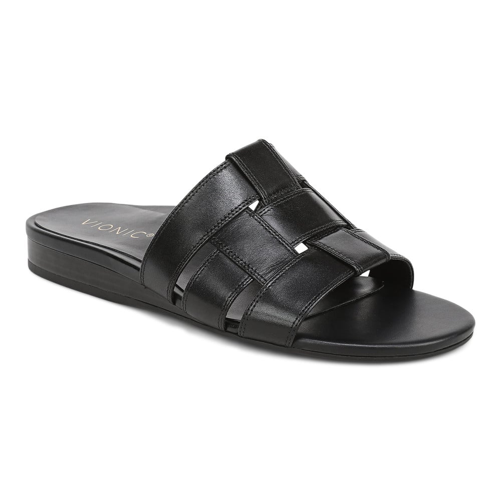 Vionic Women's Black Leather Glendora Slide Sandal With Arch Support In