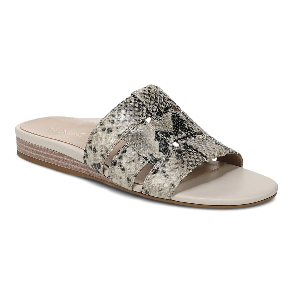 Vionic Women's Cream Snake Leather Glendora Slide Sandal With Arch Support In