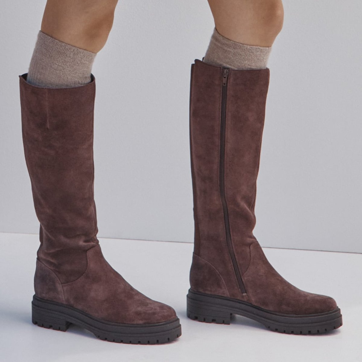 Vionic Vionic Gretchen Tall Boot with Arch Support in Chocolate Ganache Brown Waxed Suede