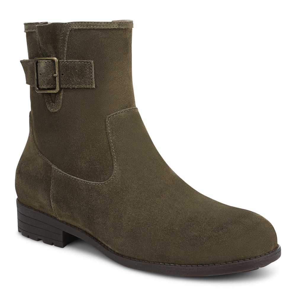 Vionic Women's Dark Olive Suede Jill Short Boot With Arch Support In