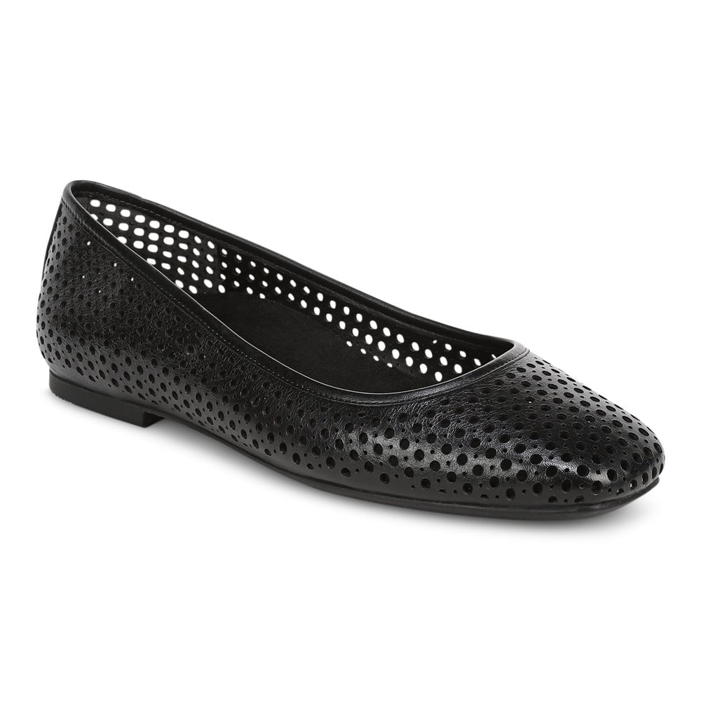 Vionic Women's Black Leather Orinda Perf Square Toe Ballet Flat With Arch Support In
