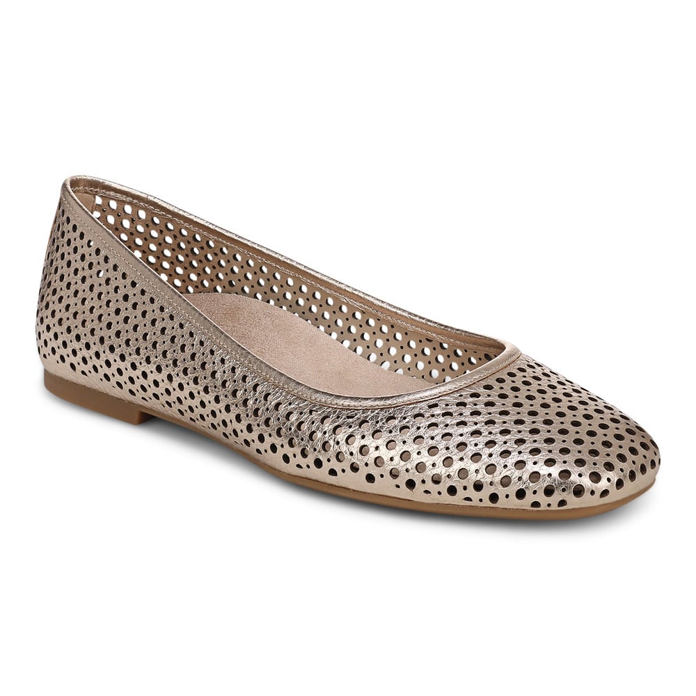 Vionic Women's Bronze Leather Orinda Perf Square Toe Ballet Flat With Arch Support In