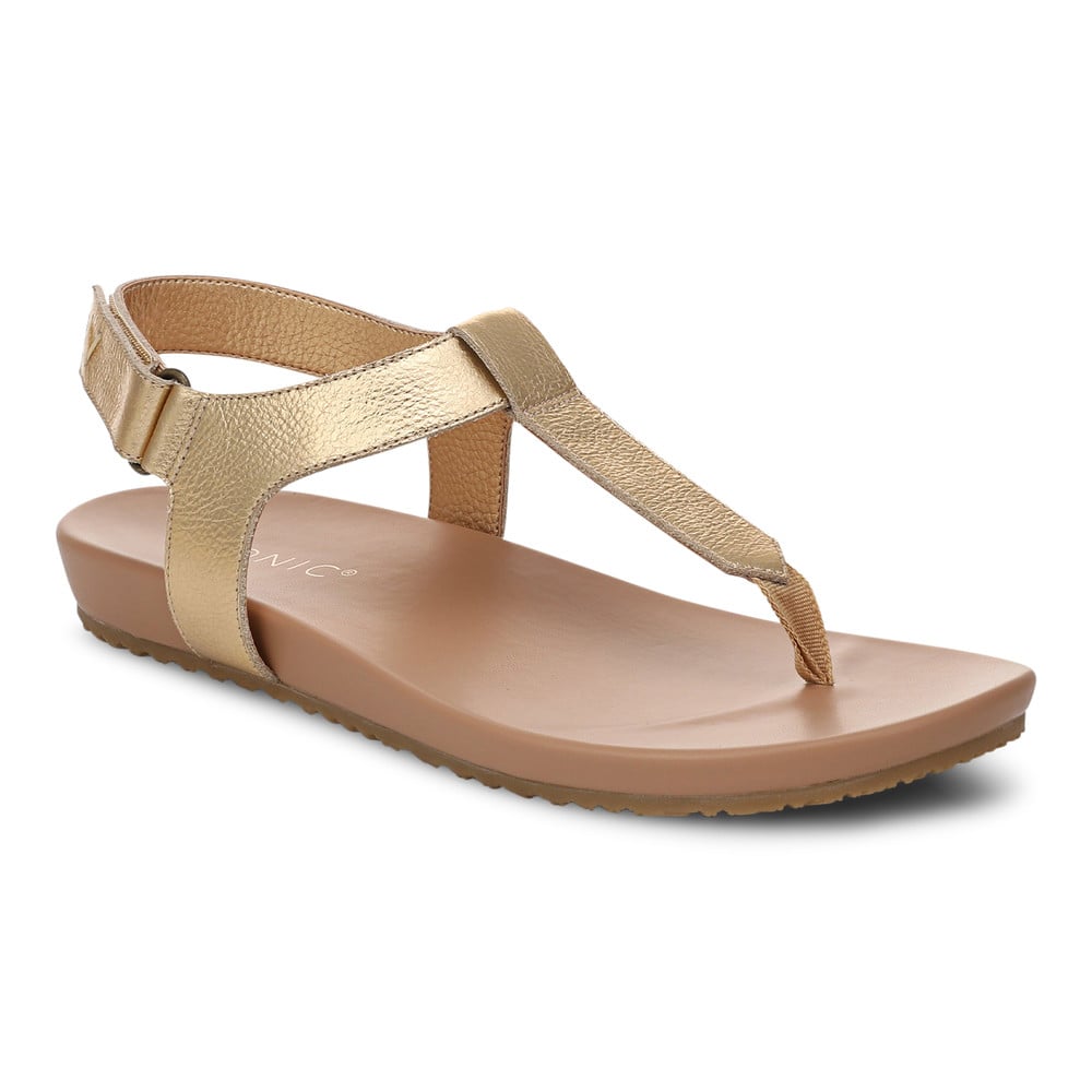 Vionic Women's Gold Leather Palisades Toe Post Sandal With Arch Support In