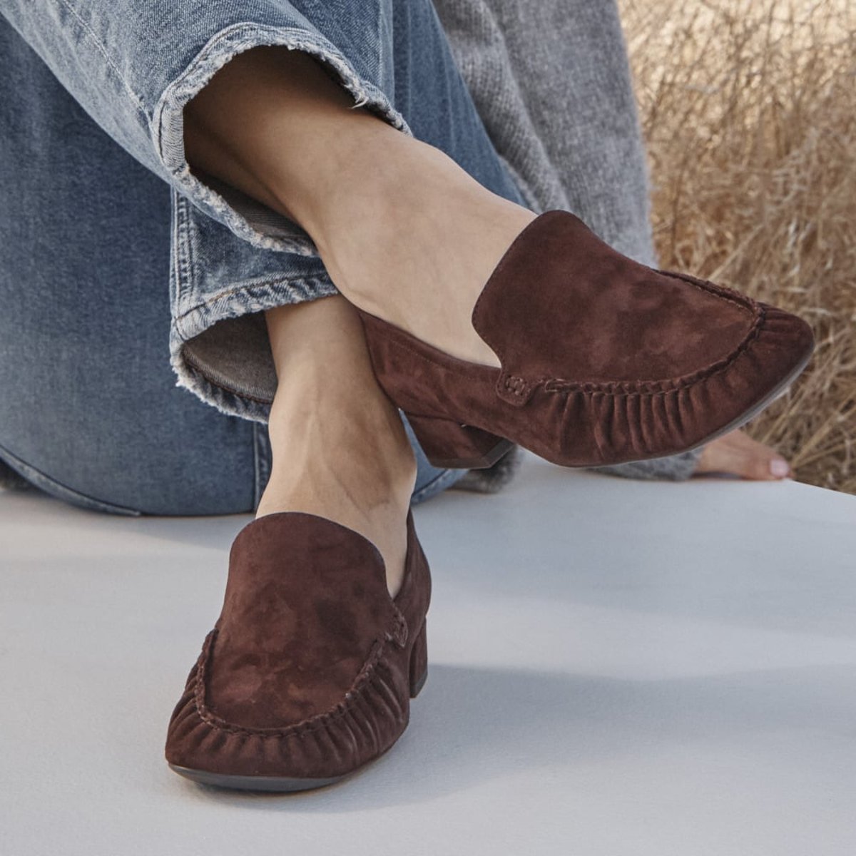 Vionic Vionic Pilar Block Heel Loafer with Arch Support in Chocolate Ganache Brown Suede