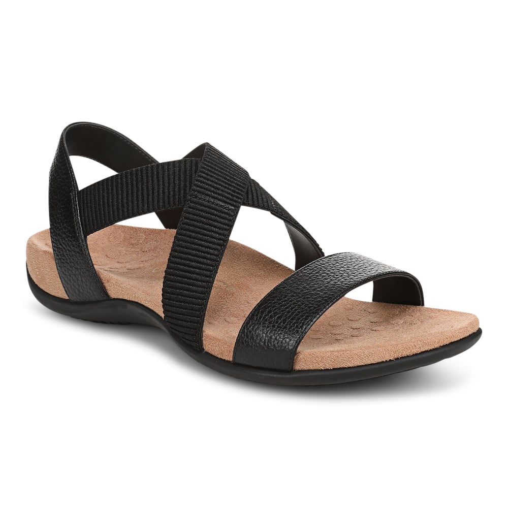 Vionic Women's Black Leather Raina Strappy Sandal With Arch Support In