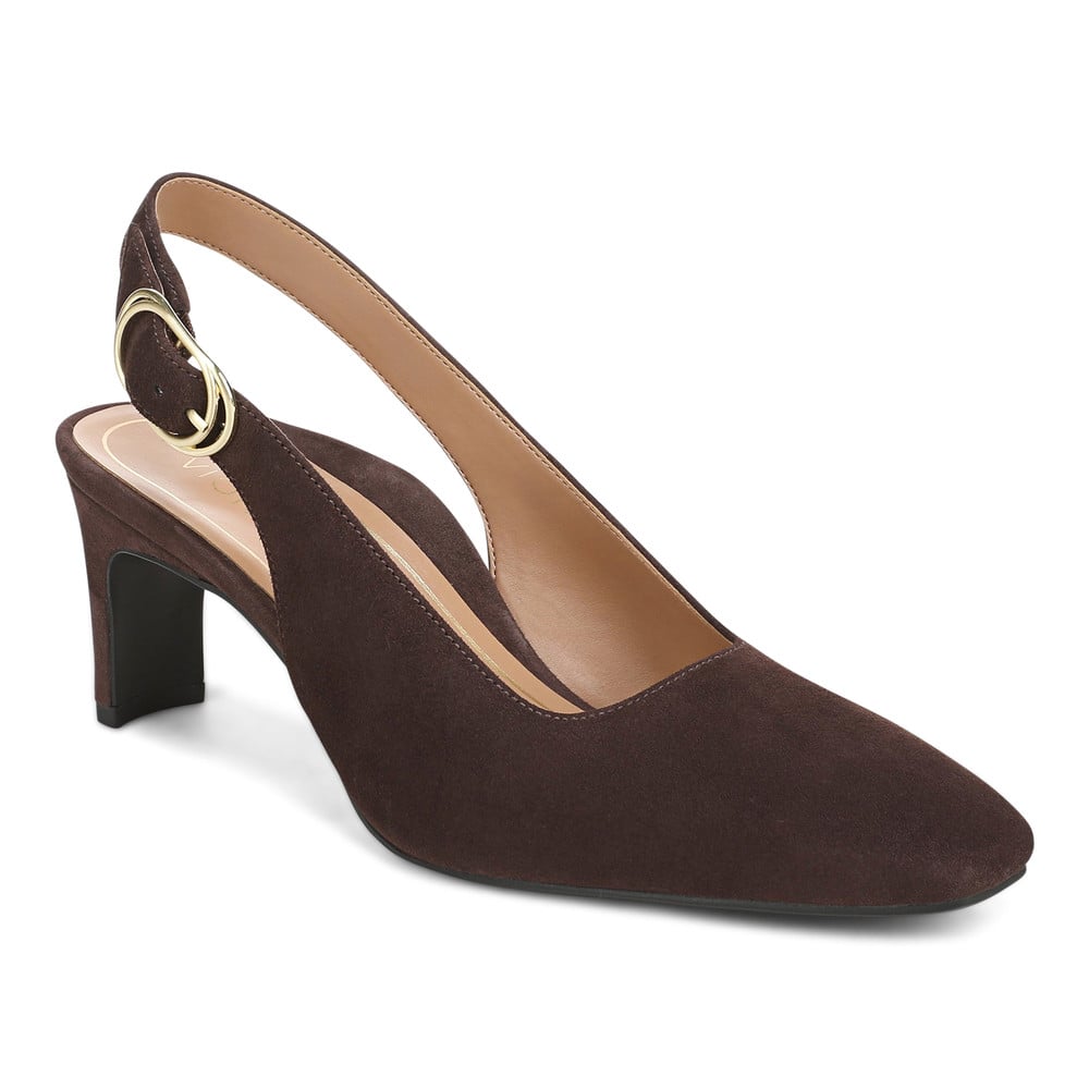 Vionic Women's Chocolate Ganache Brown Suede Stella Slingback Heel With Arch Support In