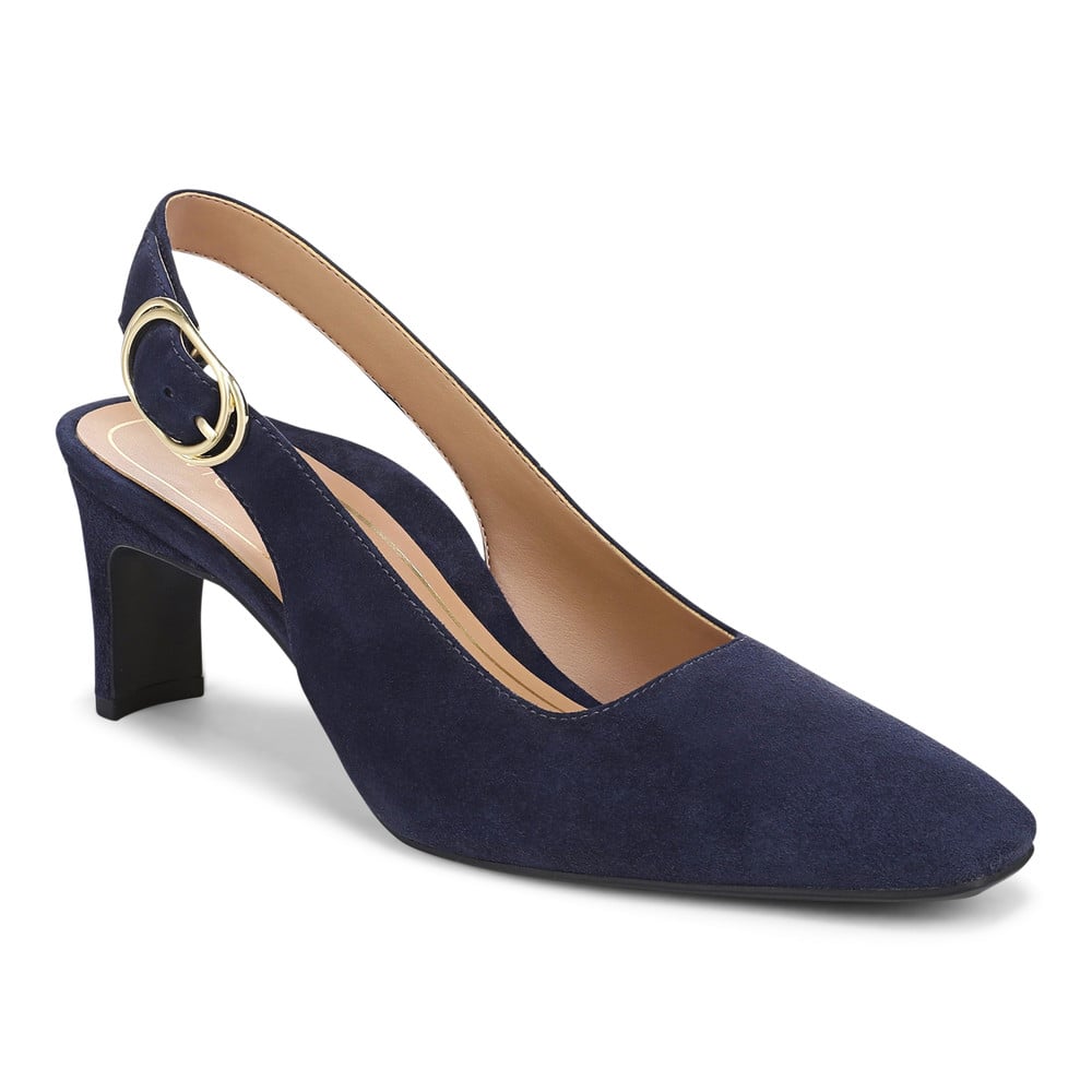 Vionic Women's Navy Blazer Blue Suede Stella Slingback Heel With Arch Support In