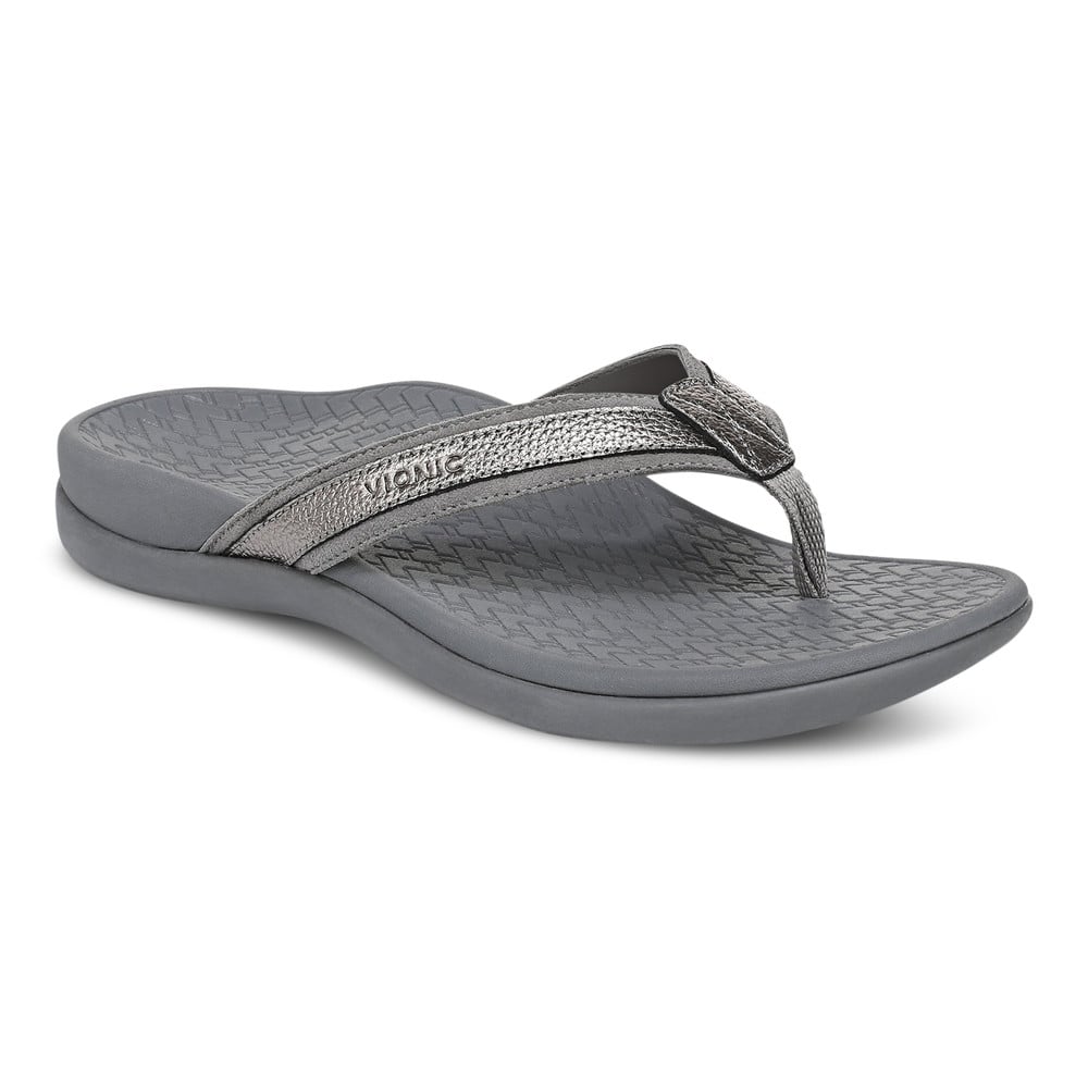 Vionic Women's Pewter Leather Tide 2.0 Toe Post Sandal With Arch Support In