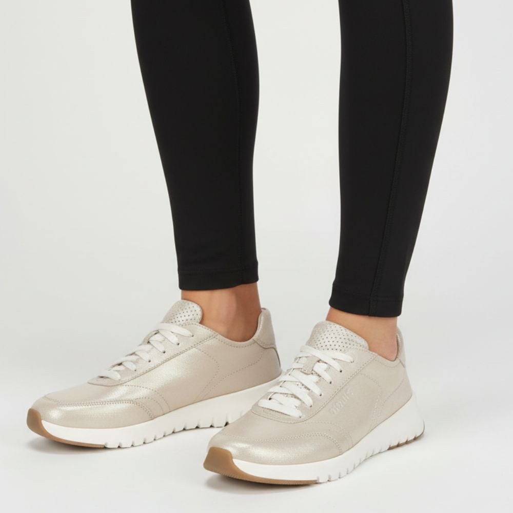 Vionic Women's Gold Shimmer Leather Uptown Sneaker With Arch Support In