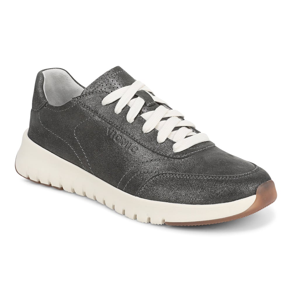 Vionic Women's Polluted Silver Shimmer Leather Uptown Sneaker With Arch Support In