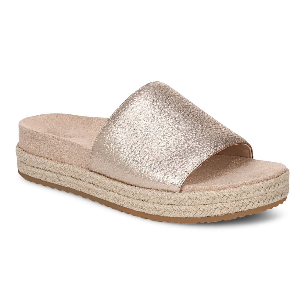 Vionic Women's Bronze Leather Yasmina Platform Slide Sandal With Arch Support In