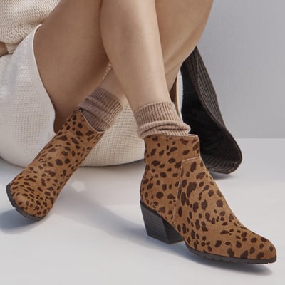 Vionic Bianca Short Boot with Arch Support in Tan Leopard Brown Hair Calf