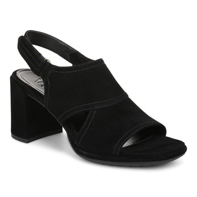 Vionic Bolinas Heeled Sandal with Arch Support in Black Waxy Suede