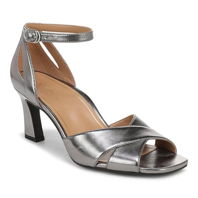 Vionic Charmaine Strappy Heel Sandal with Arch Support in Grey Silver Metallic Leather