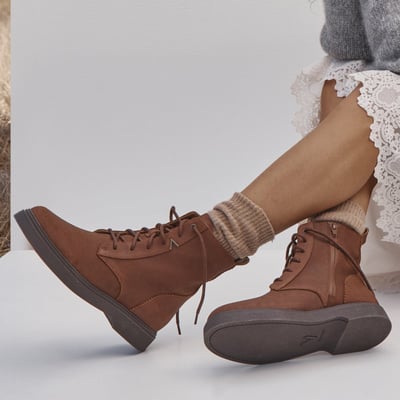 Vionic Delaney Lace Up Short Boot with Arch Support in Hazelnut Brown Leather