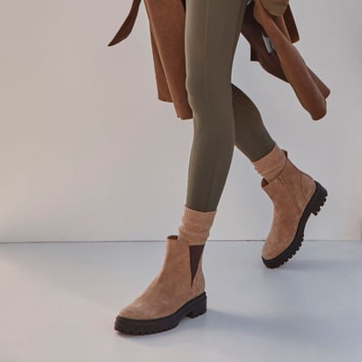 Vionic Georgina Short Boot with Arch Support in Desert Sand Brown Suede