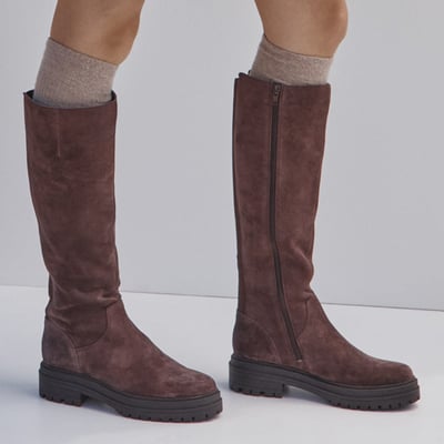Vionic Gretchen Tall Boot with Arch Support in Chocolate Ganache Brown Waxed Suede