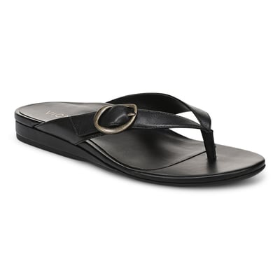 Vionic Grove Toe Post Sandal with Arch Support in Black Leather