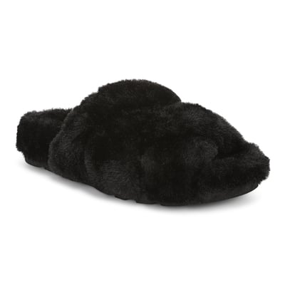 Vionic Peppa Open Toe Slipper with Arch Support in Black Faux Fur