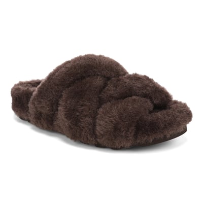 Vionic Peppa Open Toe Slipper with Arch Support in Dark Brown Faux Fur