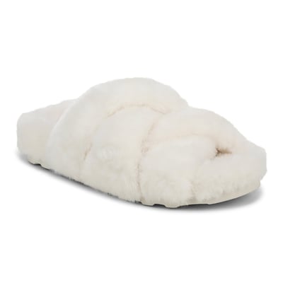Vionic Peppa Open Toe Slipper with Arch Support in White Cream Faux Fur