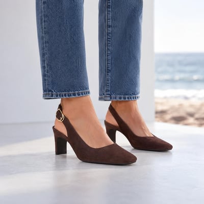 Vionic Stella Slingback Heel with Arch Support in Chocolate Ganache Brown Suede