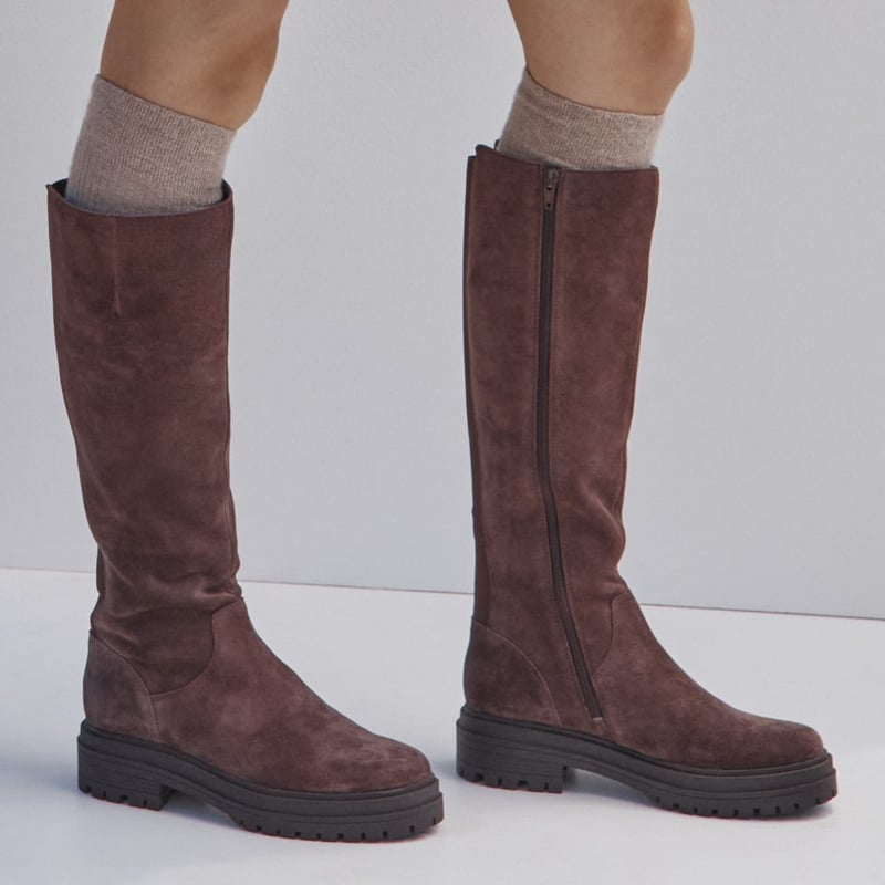 Vionic Vionic Gretchen Tall Boot with Arch Support in Chocolate Ganache Brown Waxed Suede