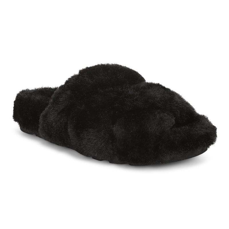 Vionic Vionic Peppa Open Toe Slipper with Arch Support in Black Faux Fur