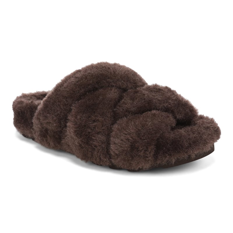 Vionic Vionic Peppa Open Toe Slipper with Arch Support in Dark Brown Faux Fur