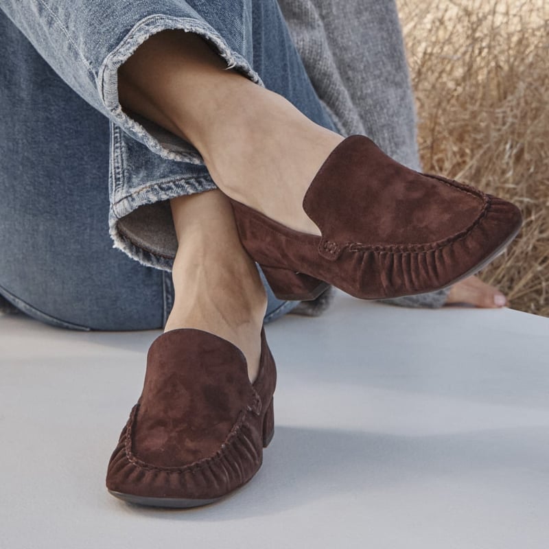 Vionic Vionic Pilar Block Heel Loafer with Arch Support in Chocolate Ganache Brown Suede